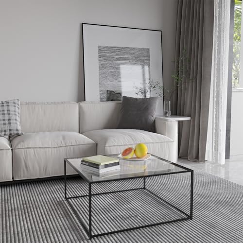 Image of Glass Coffee Table Modern Center Table,Minimalist Coffee Table Sofa Side Tea Table for Living Room,Tempered Glass-top with Sturdy Metal Frame, Easy Assembly,26.4 x 26.4 x 15.7 Inches, Black