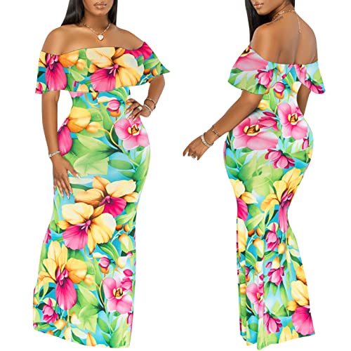 Women's Off Shoulder Maxi Dress Sexy Hawaiian Floral Long Party Dresses3