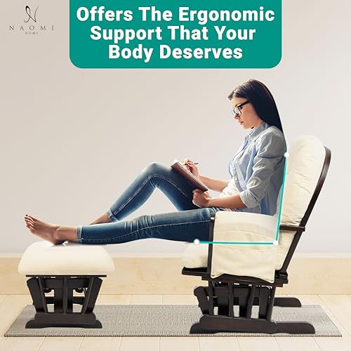 Naomi Home Brisbane Glider and Ottoman Set with Smooth Rocking & Gliding Motion, Ergonomic High-Back Support, Cushioned Armrests, Solid Wood Base, Storage Pockets, Espresso/Cream Nursery Chair