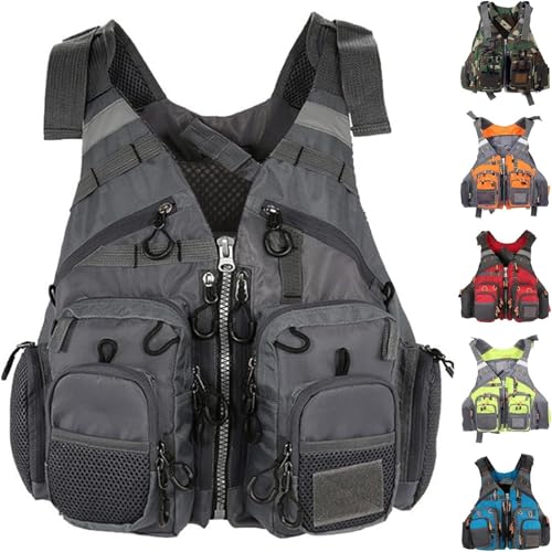 Chaleco de Pesca con Mosca Ajustable Diseño Abierto Transpirable Capa Ripstop con Acolchado Extraíble para Río Arroyo Trucha Kayak Pesca(Grey)