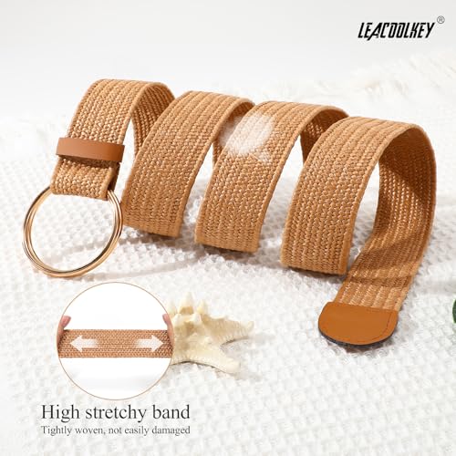 LEACOOLKEY Women Boho Straw Woven Stretch Belt for Dress Ladies Braided Straw Belt with Double O Buckle4