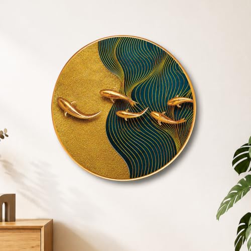 Image of PAINTINGMANTRA vastu koi Fish Wall Art Painting for Living Room, Teal Waves & 3D Effect Swimming Fish Round Shape Framed Wall Painting for Home Decor, Bedroom, Hall & Office, 16 Inch