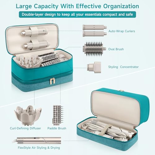 Image of Travel Hair Dryer Case for Shark Flexstyle, Double-Layer Carrying Case for Shark Flex Style Blow Dryer, Portable Hair Tools Storage Organizer Bag for Shark Beauty Hairdryer Attchments (Teal Green)
