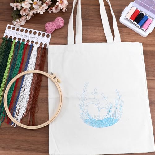 Image of GORGECRAFT 1 Set Canvas Tote Bag Embroidery Kit Cross Stitch Bag Cloth Sewing Mushroom Pattern with Instructions Embroidery Bag Needle Embroidery Hoops Colorful Threads for DIY Bag Crafts