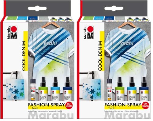 Marabu 1719000000084 - Fashion Spray Cool Denim, pintura en spray para textiles a base de agua, para textiles claros, fácil fijación, lavable hasta 40 °C, 3 x 100 ml de pintura y 25 ml Fashion Liner