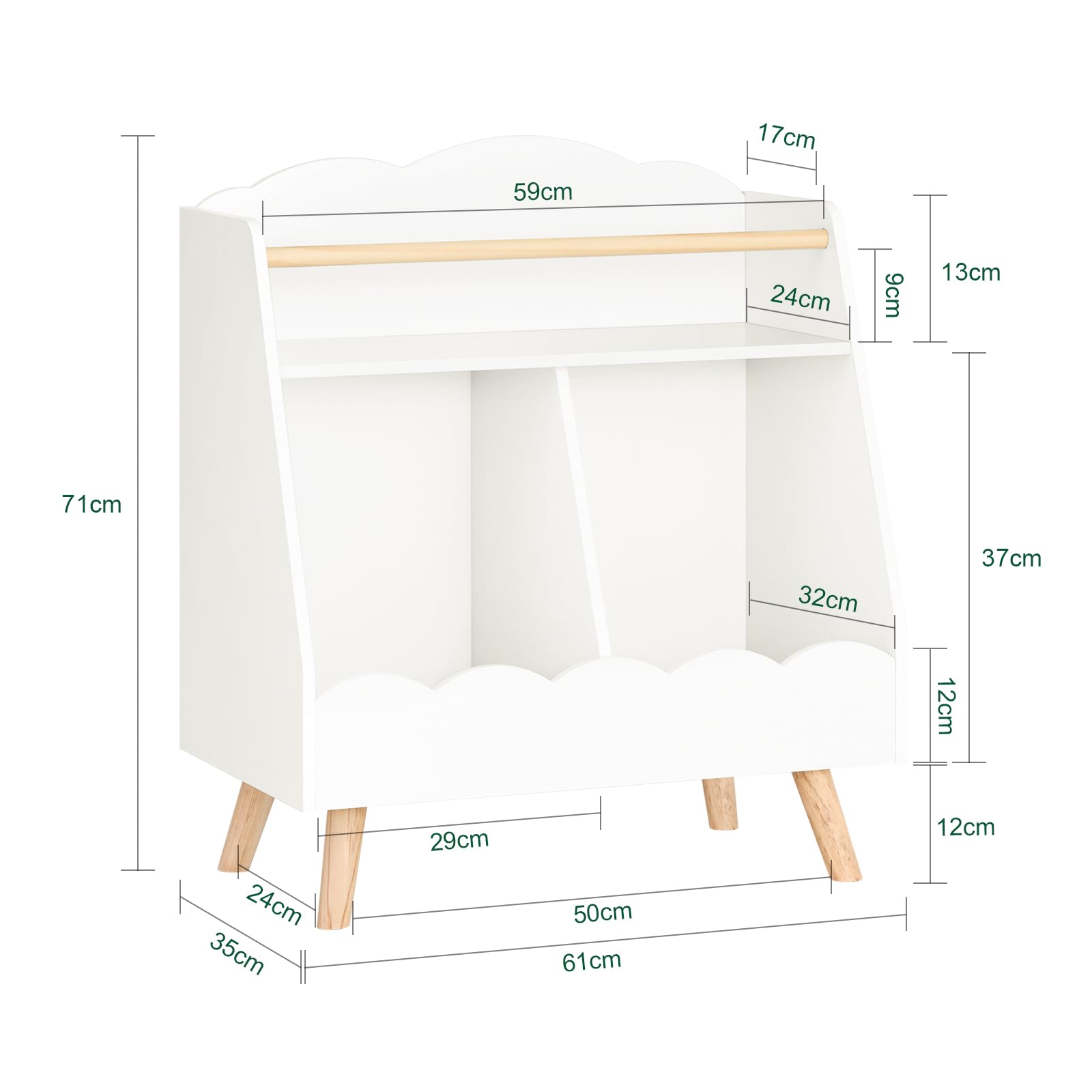 SoBuy Bibliothèque Enfant, Étagère à Livres, Étagère de Rangement Jouets pour Enfants, Meuble Rangement sur Pieds pour Chambre d’Enfant, 2 Compartiments Ouverts, Blanc, 61 x 35 x 71 cm KMB100-K-W