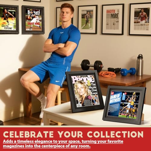Image of JupDec Sports Magazine Frame, Premium Wood Display Case for 8 inch x 10.5 inch Magazines, Wall Mount or Tabletop Stand, Layered Design with Positioning Mat, Perfect for Sports, Fashion & Home Decor