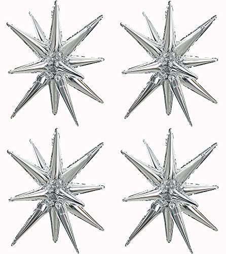 Image of TONIFUL 4 Pcs Explosion Star Balloons Silver Foil Balloon Party Decorations | 22 Inch Large Mylar Star Balloon for Silver Party Decor New Year Christmas Birthday Wedding Baby Shower Photo Booth Supplies