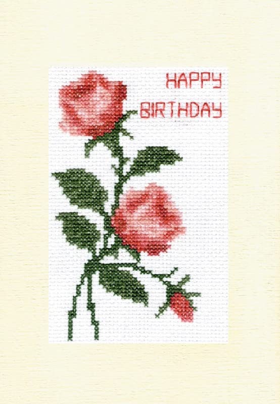 Skye Stitching & Photos Pink/Coral/Red Pair of Roses + Bud, Happy Birthday - 14 Count Cross Stitch A5 Card Kit (Ivory Linen Card)