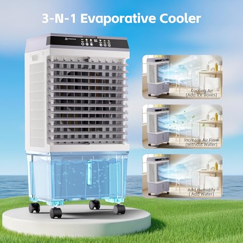 Image of AKIRES 1800CFM Swamp Cooler,Evaporative Air Cooler with 5.3 Gal Water Tank,6 Ice Packs,Evaporative Cooler with 12H Timer,120Oscillation, Windowless Portable Air Conditioners for Indoor,Outdoor(30IN)