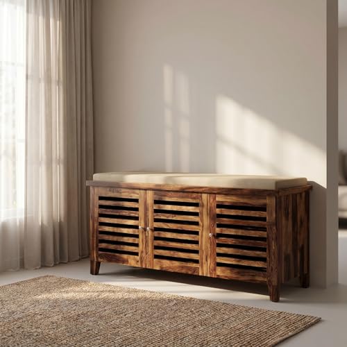 Image of Amazon Brand - Solimo Wigan Solid Sheesham Wood Shoe Rack (Natural Finish, 4 Shelves, 3 Doors)