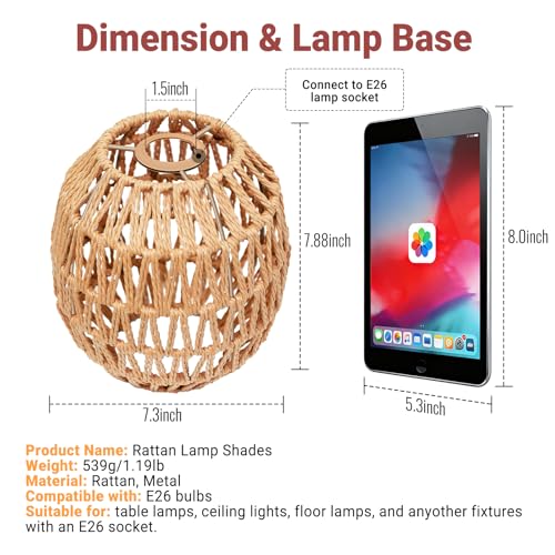 Image of Small Lamp Shades For Table Lamps Hanging Light Boho Lamp Shades Wicker Lamp Shade for Floor Lamps, Rattan Lampshade for Hanging Lamp Wall Sconce Woven Plug in Pendant Light Egg Shade