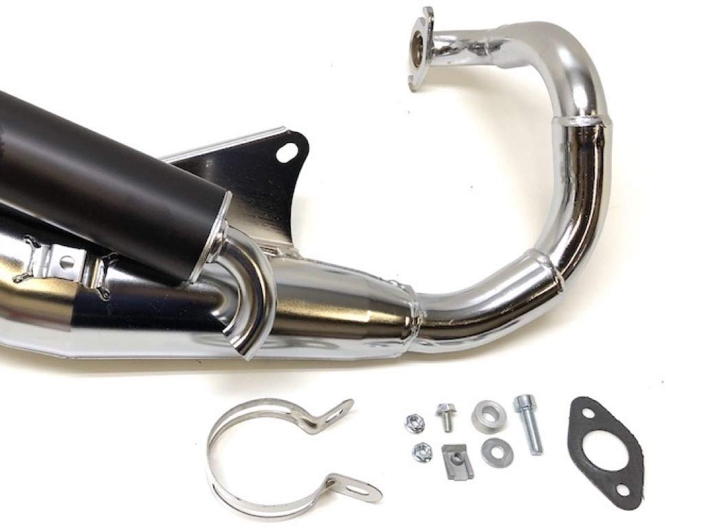 Sportauspuff Chrom mit E-Prüfzeichen passend für Peugeot Buxy, Elystar, Looxor, Speedfight 1 2, TKR, Trekker, Vivacity 50 AC LC – Tuning Auspuff für stehende Zylinder