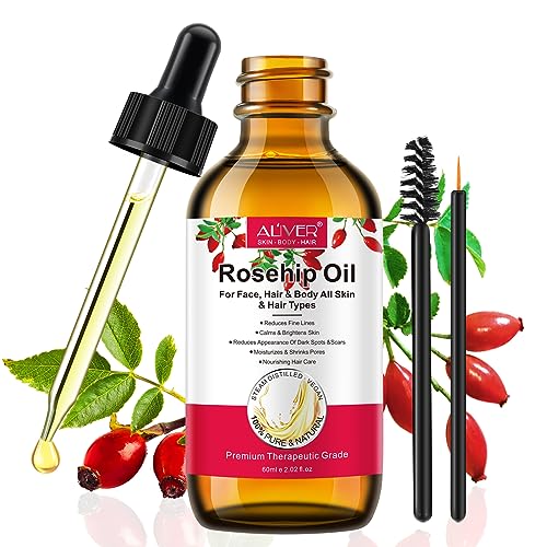ALIVER Rosehip Oil 60ml 100% Pure Rosehip seed Oil for Face with Vitamin C Cold Pressed Rose hip Oil Organic for Stretch Marks Hair Skin Fine Lines & Wrinkles