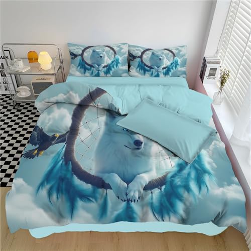Housse de couette loup attrape-rêves pour lit 2 personnes avec 2 taies d'oreillers