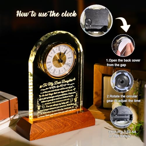 Image of Arikyrist Daughter Gifts from Mom Dad with Wooden Light Base, Birthday Graduation Gifts for Adult Daughter Crystal Clock Keepsake to My Daughters on Christmas Valentines Graduation Table Decor