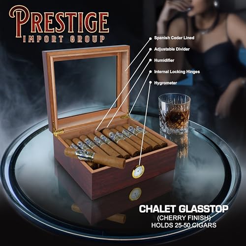 Prestige Import Group Chalet Glass Top Desktop Cigar Humidor with Hygrometer and Humidifier - Capacity: 20-50 - Color: Cherry
