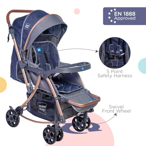 Image of Mee Mee Baby 2-in-1 Pram /Stroller Cum Rocker, with 3 Reclining Positions, Wheel Brakes, Reversible Handle, Water-Resistant Canopy, Spacious Storage Basket, and 5-Point Safety Harness (0-3 Yrs, Blue)