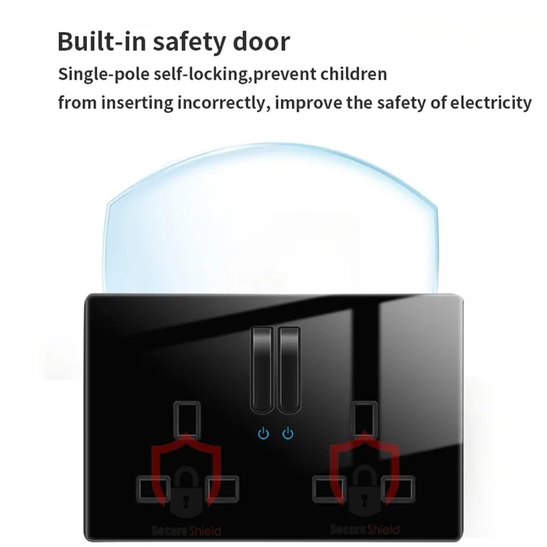 Schwarzer Gehärteter Glas-International-Schalter Mit Selbstzurücksetzender LED-Anzeige, EU-UK-Steckdose, 13 A, 86 Mm, 146 Mm