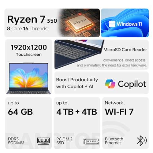 Image of Lenovo IdeaPad Slim 5 Business Laptop, 16 inch FHD+ Touch, Ryzen 7 350(5GHz max Frequency, >Ultra 7 155U), 16GB RAM, 1TB SSD, Backlit, Wi-Fi 7, W11P, Copilot AI-Ready, Bundle with PCO Laptop Cooler