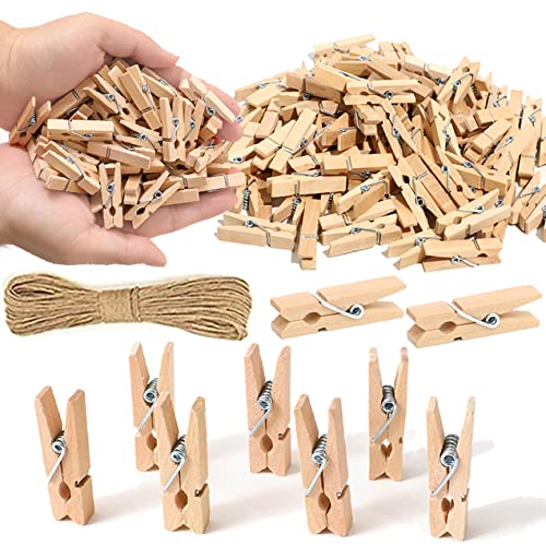 1.35 Inch Mini ClothesPins for Photo100 Pcs with 32 Feet Jute TwineMini Clothes Pins for Crafts Wooden Small Clothes Pins for Pictures Tiny Decorative Clothespins for Baby Shower(Natural Color)