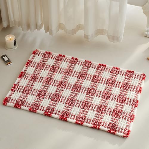 TYUU Waffle Bath Mat Boho Christmas Bathroom Rugs Non Slip Washable Absorbent Checkered Bathroom Mat Quick Dry Cute Bath Mat 30x20 Red and White