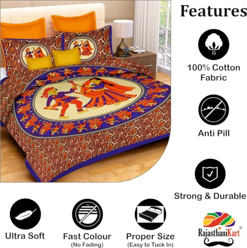 Image of RajasthaniKart Comfort Rajasthani Jaipuri Traditional Sanganeri Print 144 TC Cotton Double Bedsheet with 2 Pillow Covers - King, Round Dandiya (Blue, Double)