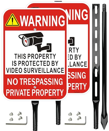 Panneau vidéosurveillance No Trespassing avec piquet métallique réfléchissant extérieur