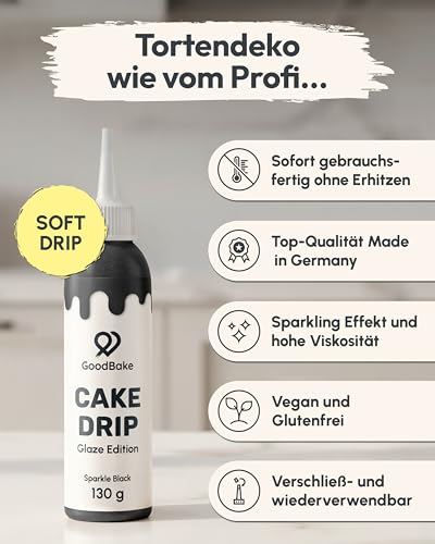 GoodBake Cake Drip Glaze 130g Schwarz | Kuchenglasur auf Glukosebasis | Vegan & Laktosefrei | Zuckerschrift für Kuchen, Kekse & Cup Cakes | Torten Deko