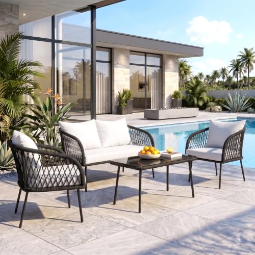 Image of OUTLIVING Braid Rope & Metal Frame Outdoor 4-Seater Sofa Set with Tempered Glass Top Center Table, Water-Repellent Cushions & Handwoven Design for Patio, Garden and Balcony (Black and White)