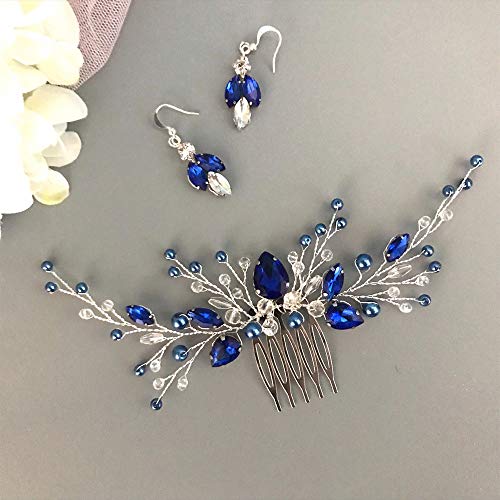 Aimimier Bridal Royal Blue Crystal Hair Comb And Earrings Sapphire Blue Pearl Hair Piece Set Prom Party Festival Wedding Hair Accessories For Women And Girls #TOP5