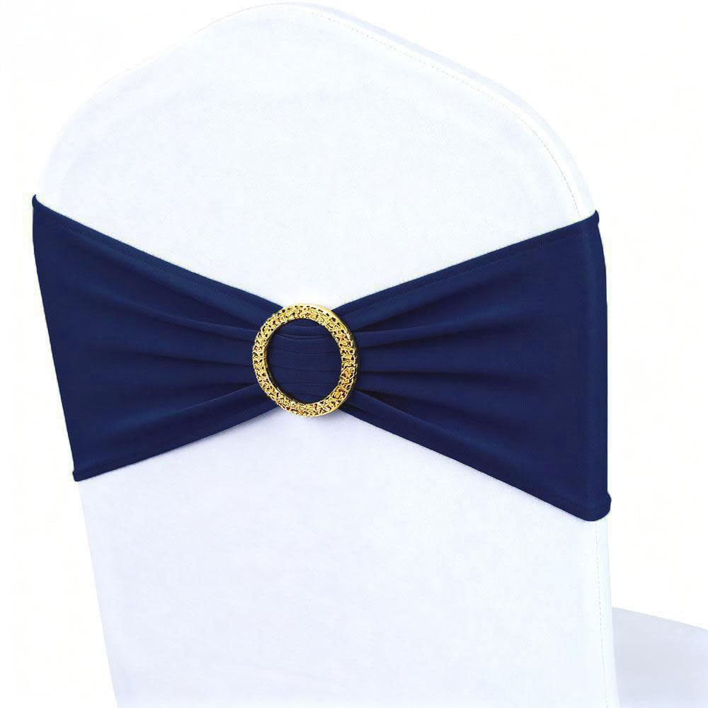 50 Pack Navy Blue Chair Sashes with Gold Buckle Slider, Spandex Dark Blue Bands Bows for Folding Chairs Gender Reveal Banquet Décor