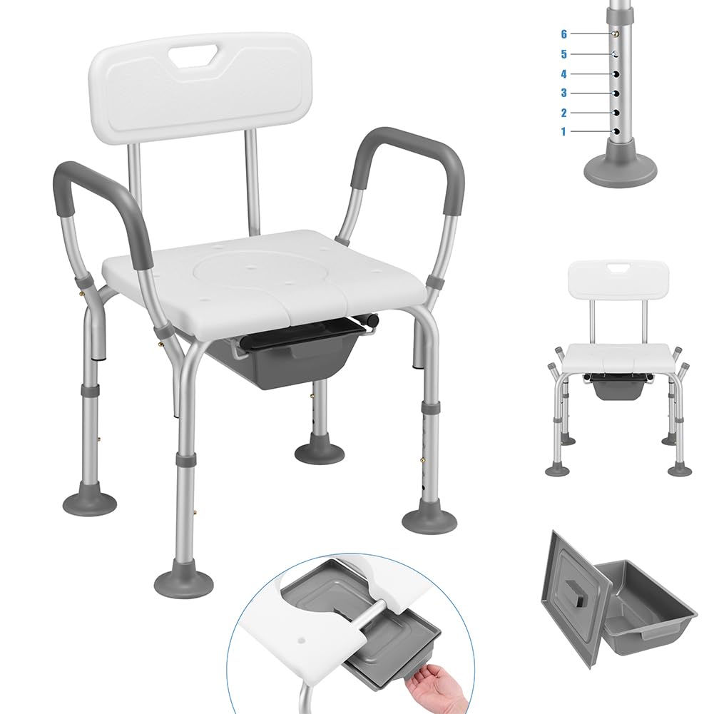 BAKAJI Sedia Sgabello WC da Bagno Doccia in Alluminio per Anziani, Disabili e Persone Mobilità Ridotta, Seduta Ergonomica e Maniglie di Ausilio, Secchio Coperchio Rimovibile Altezza Regolabile 73–85cm