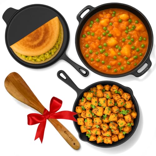 SOLARA Crownstone Premium Pre-Seasoned Cast Iron Cookware Set of 3 with Free Wooden Spatula, Tawa(12" Inch/30 CM) + Frying Pan(10" Inch/25 CM) + Kadha