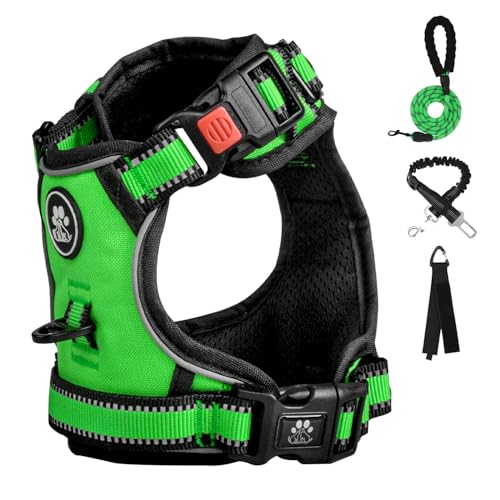 FURRYFECTION Dog Harness | No Pull Dog Harness | Reflective Oxford | Padded Handle | 4 Adjustable Straps | 2 Leash Clips | No Choke Pet Vest Harness for Small Medium Large Dogs | Green | XL