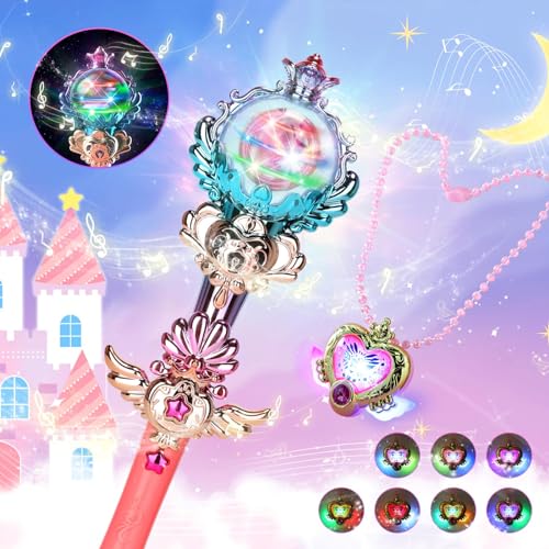 Skirfy Princess Toys Light Up Magic Wand for Girls, Fairy Wand and Necklace with Spinning LED Light and Sound, Girl Birthday Party Favors, Valentines Day Gifts for Kids Age 3 4 5 6 7 8 9 10