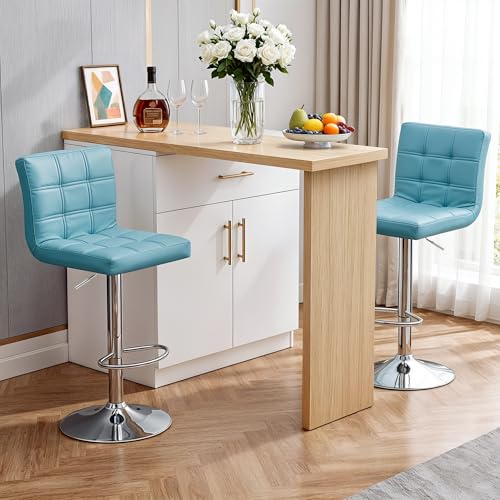 Image of ZENY Set of 4 Adjustable Swivel Barstools, Modern PU Leather Kitchen Counter Bar Stools, Square Back Bar Stool (Blue)