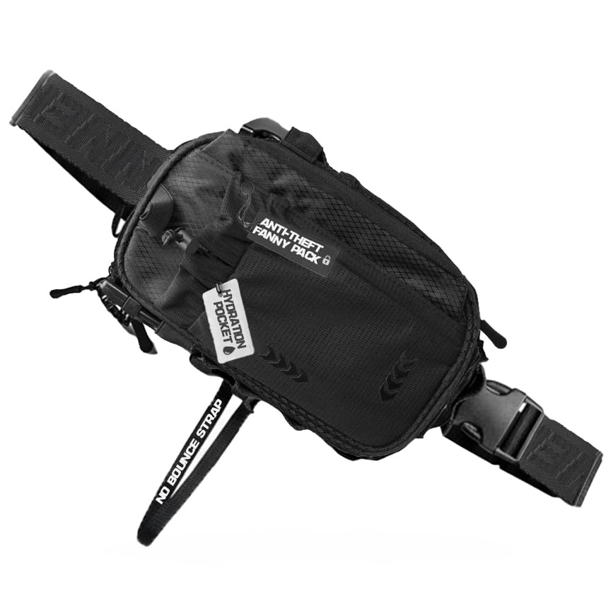 Modular NO-BOUNCE Rave Fanny Pack & Anti-Theft Sling Bag for Men - Waist Bag with 8 Secure Pockets | Festival Fanny Pack Men Anti Theft (BLACKOUT)