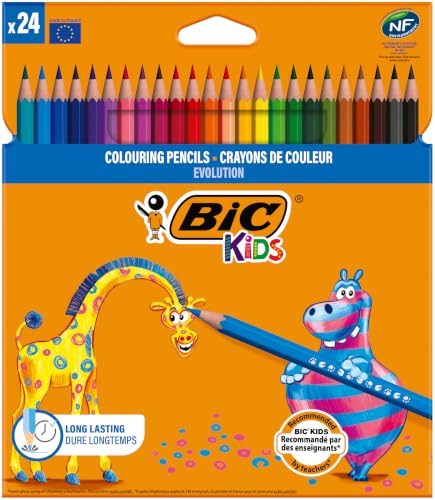Bic Kids Evolution Ecolutions Matite Colorate in Resina senza Legno Confezione da 24 Matite Colori Assortiti