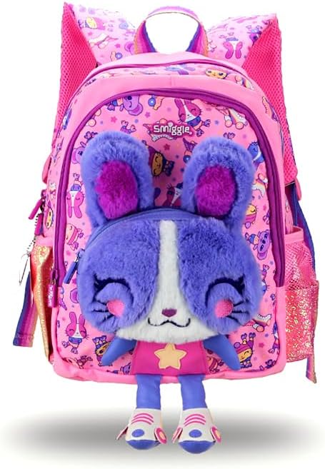 Back To School Bags For Girls - Smiggle School Bag With Cute Stuff Plush Material Movin Junior Character For Entertaining Small Girls and Kids - Easy To Carry School Backpack For Girls