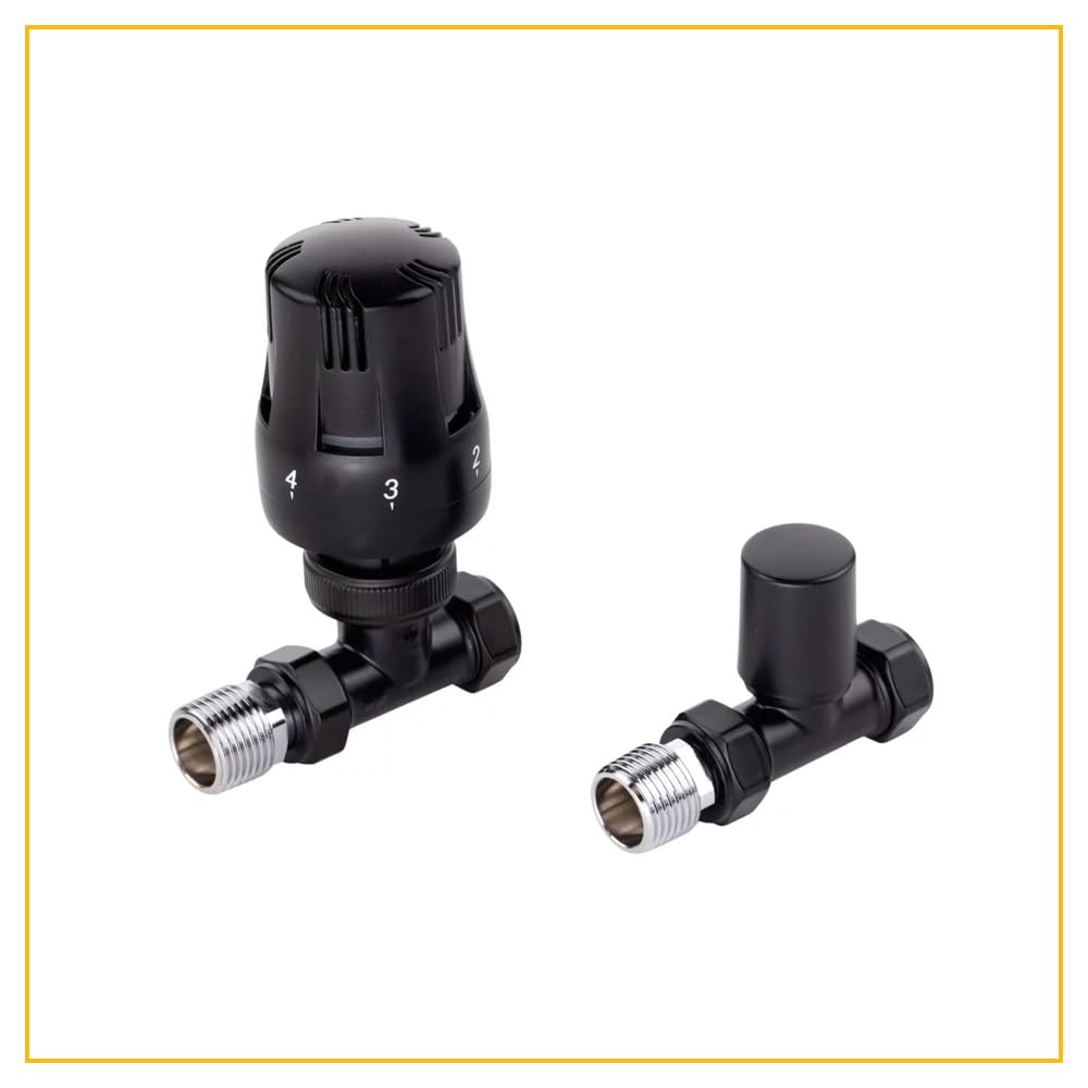 Rubberduck Bathrooms ECO Satin Black Straight TRV Thermostatic Radiator Valve + Lockshield Set - 1/2" Threads - Fits 15mm Pipework