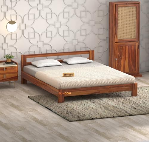 Image of SUNCOM Wooden Low Height Queen Size Bed Without Storage | Wooden Platform Bed | Space Saving Low Floor /Lying /Rise /Level /Profile Cot Bed for Bedroom | Basic Headboard | Honey Finish