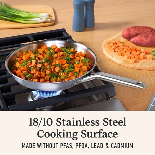 Image of Calphalon Brushed 3-Ply Stainless Steel Cookware Set w /Turbo Heat Tech 10 Piece Includes Frying Pans, Pots and Pans Set, Induction, Oven Safe 450F, Brushed Stainless Silver