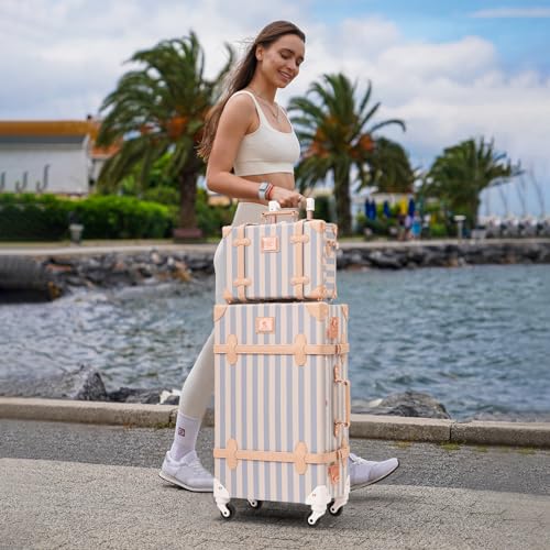 Image of UNIWALKER Vintage Suitcase Set, 3 Piece Retro Spinner Trunk, TSA-Approved Travel Luggage with Cosmetic Train Case for Women, Blue Strip, 26 inch+20 inch+12 inch