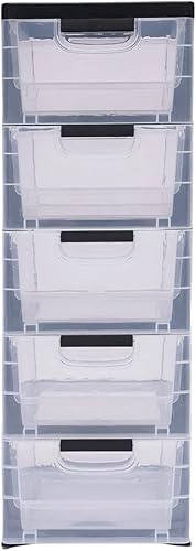 Gabinete de almacenamiento de plástico con 5 cajones, caja de almacenamiento vertical apilable para ropa, organizador de torre con puertas