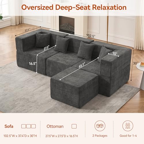 Image of MONVANE 103'' Modular Sectional Sofa, Comfy Chenille Cloud Couch with Ottoman, Modern Convertible L Shaped Couch with Deep Seat, Sectional Couches for Living Room, Bedroom and Apartment, Grey