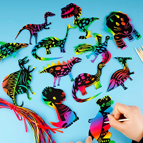 48 Stück Dinosaurier Kratzbilder Set Regenbogen Dinosaurier Kratzpapier mit Holzstäbchen und Bunt Bänder Bastelset Kratzbild für DIY Handwerk Anhänger Party Mitgbsel Jungen Mädchen usw.