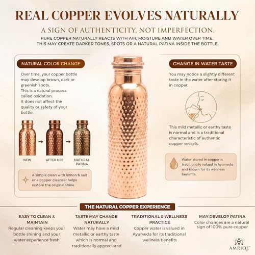 Image of AMRIQE Lab Tested Pure Copper Water Bottle 32 Oz Large Glossy Hand-Hammered
