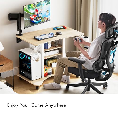 Image of EUREKA ERGONOMIC Gaming Desk Computer, 37 inch Rolling Desk on Wheels for Small Space, Mobile Computer Cart with Pegboards Adjustable Shelves for Gaming PS Switch, Craft Station, Home Office - Maple