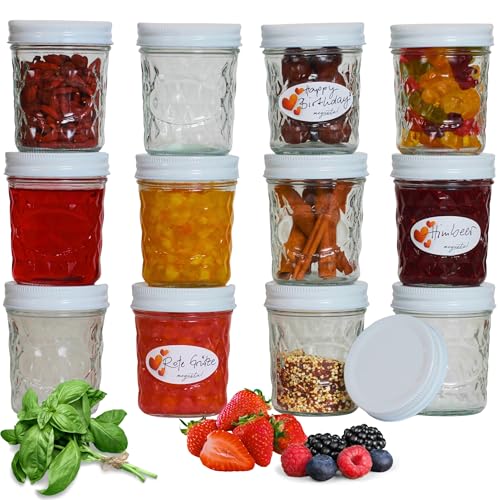 megusta!® 16 vasetti per conserve | 200 ml | con motivo a diamante | coperchio bianco | per marmellata, dessert, yogurt | cuocere e congelare | + 16 etichette